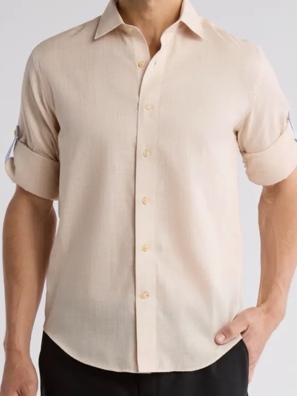 Lorenzo Uomo Dress Shirt Mens 14.5 Beige Linen Long Sleeve Button Up Trim Fit